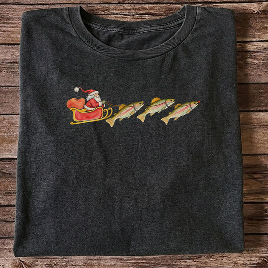 Santa Sleigh Pulling Rainbow Trout Fishing Graphic T-Shirt