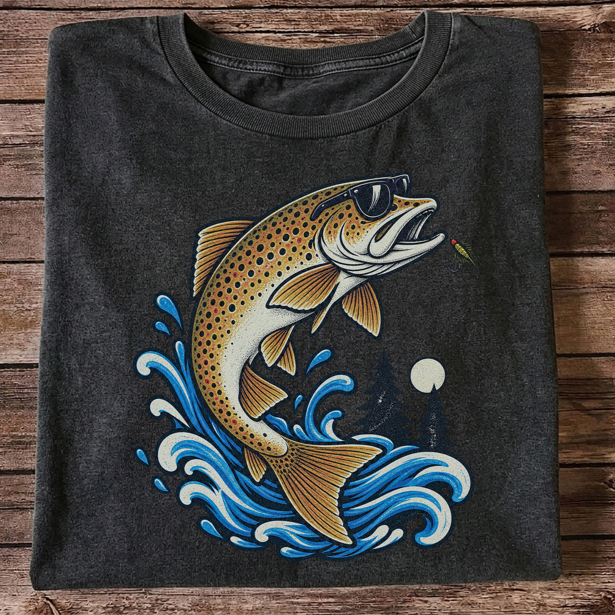 Brown Trout Sunglasses Fishing Graphic T-Shirt with Lure