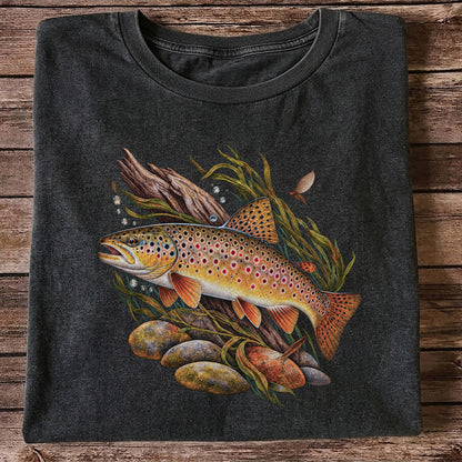 Vintage Brown Trout River Fishing Graphic T-Shirt
