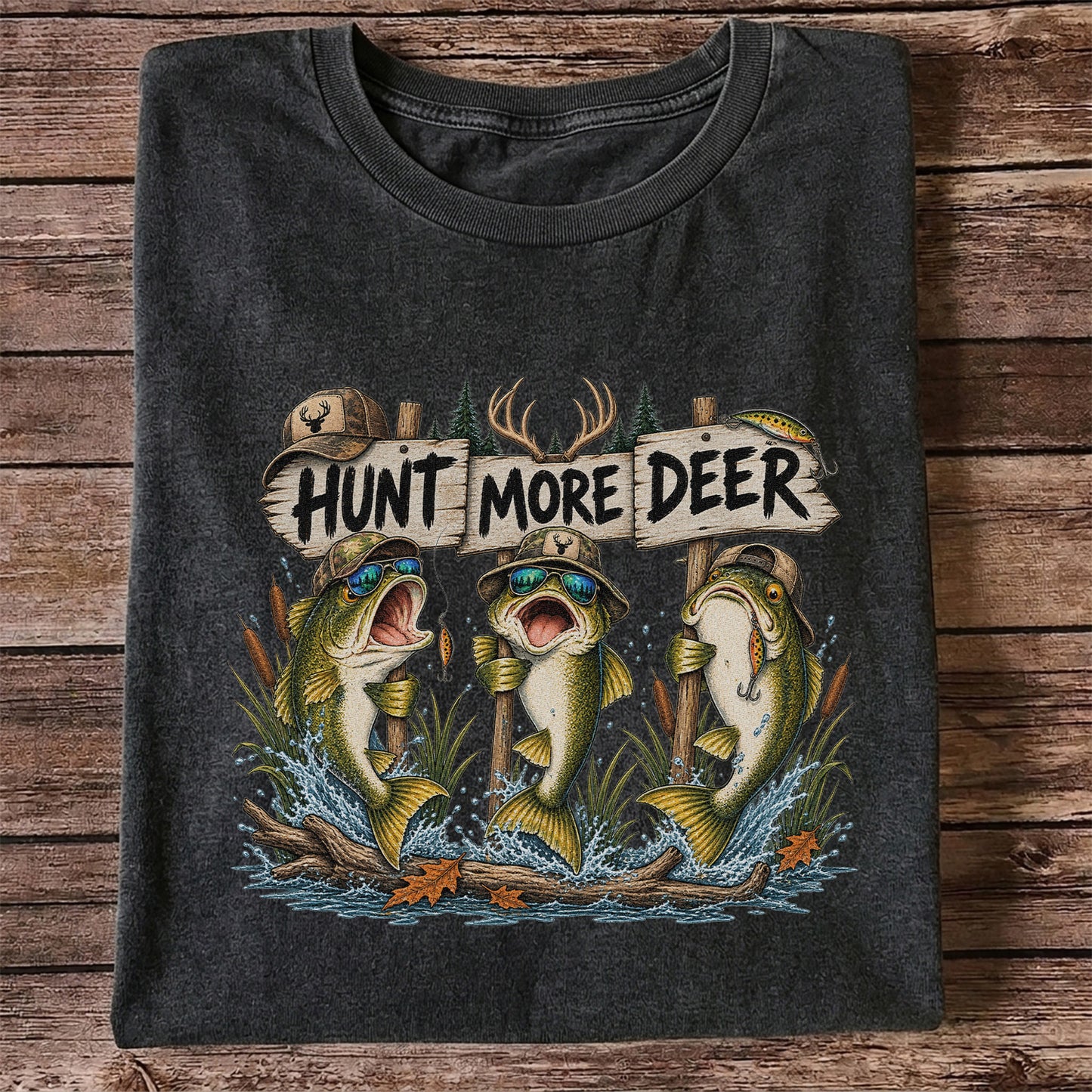 Hunt More Deer Funny Bass Fishing Graphic T-Shirt