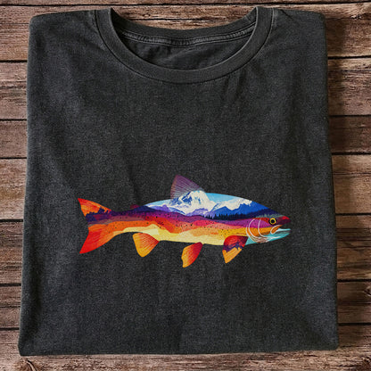 Mountain Sunset Trout Silhouette Fishing Graphic T-Shirt
