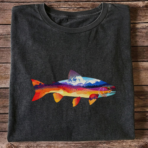 Mountain Sunset Trout Silhouette Fishing Graphic T-Shirt