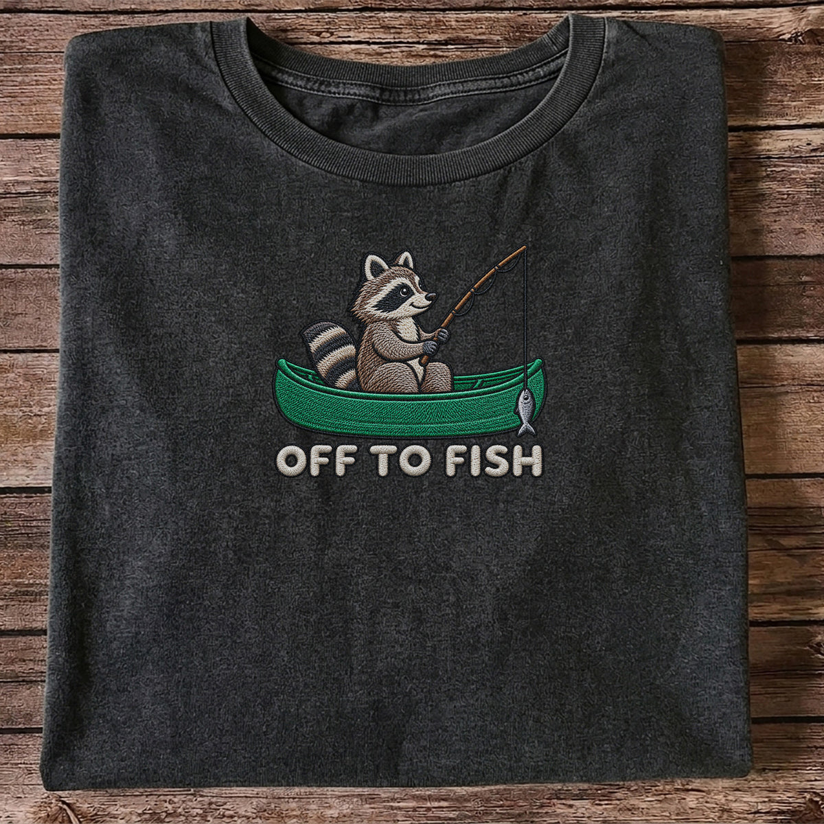 Off to Fish Raccoon in a Canoe Funny Fishing Graphic T-Shirt