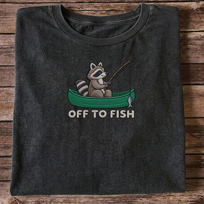 Off to Fish Raccoon in a Canoe Funny Fishing Graphic T-Shirt