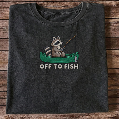 Off to Fish Raccoon in a Canoe Funny Fishing Graphic T-Shirt