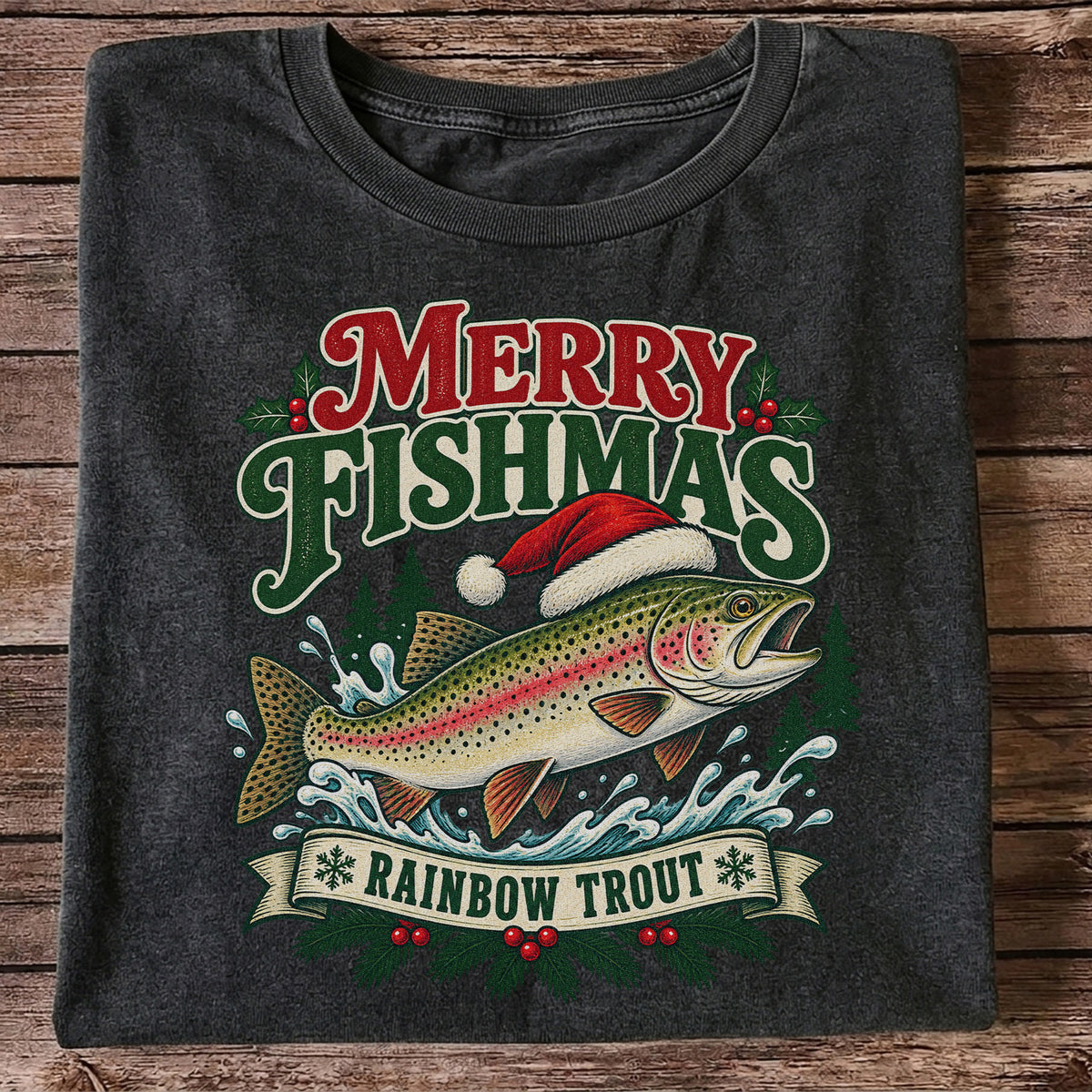 Merry Fishmas Rainbow Trout in Santa Hat Christmas Fishing T-Shirt