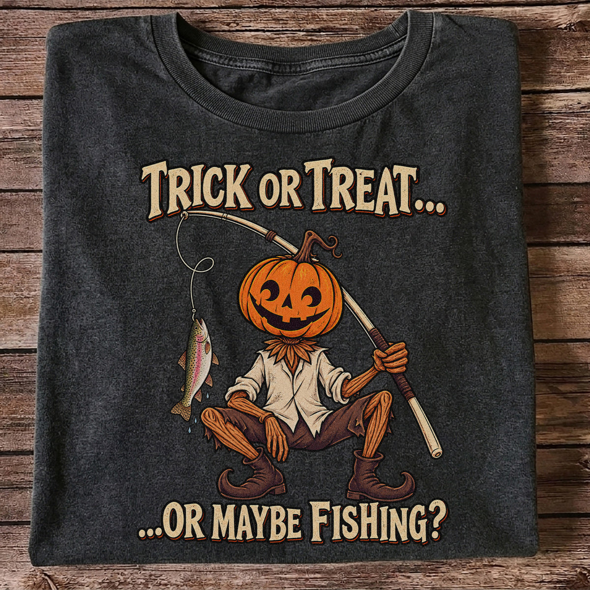 Trick or Treat Or Maybe Fishing Pumpkin Angler with Trout Halloween T-Shirt