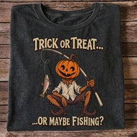 Trick or Treat Or Maybe Fishing Pumpkin Angler with Trout Halloween T-Shirt