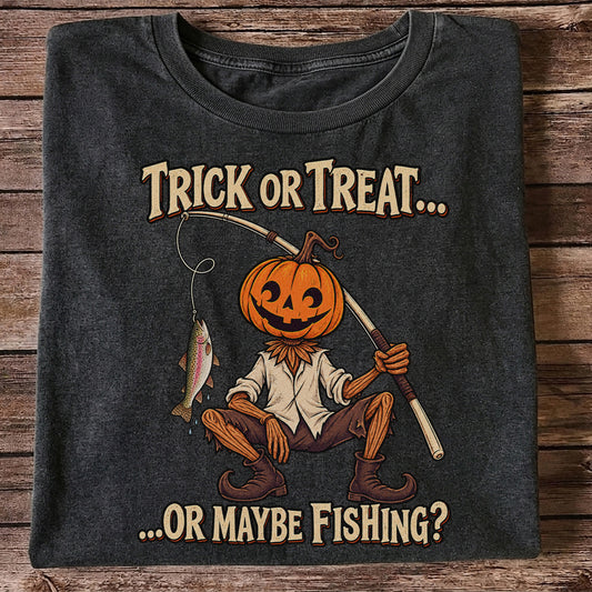 Trick or Treat Or Maybe Fishing Pumpkin Angler with Trout Halloween T-Shirt