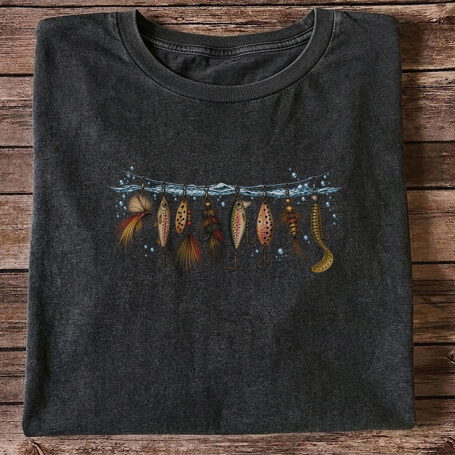 Vintage Fishing Lures Hanging from a Waterline Graphic T-Shirt