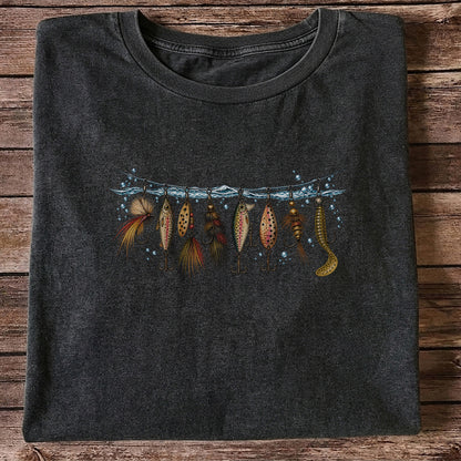 Vintage Fishing Lures Hanging from a Waterline Graphic T-Shirt