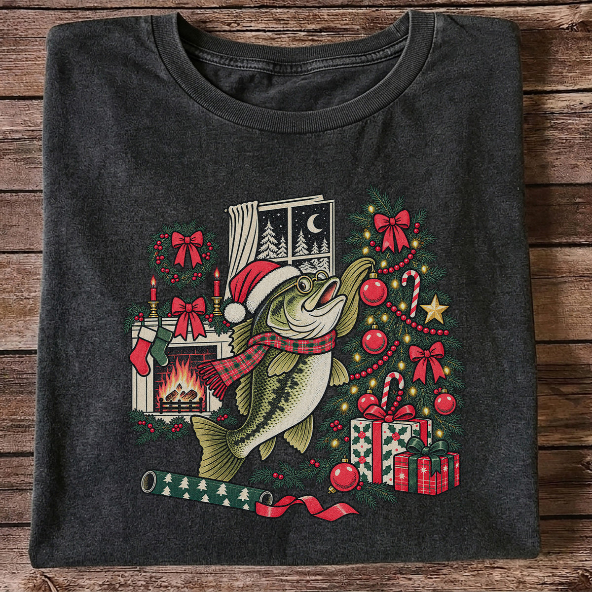 Christmas Bass Fishing Fireplace Tree Graphic T-Shirt