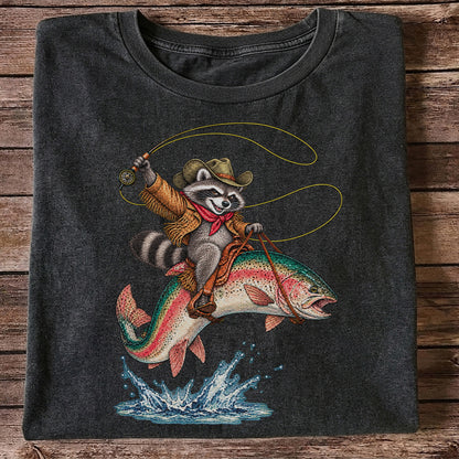 Cowboy Raccoon Riding a Rainbow Trout Fishing Graphic T-Shirt
