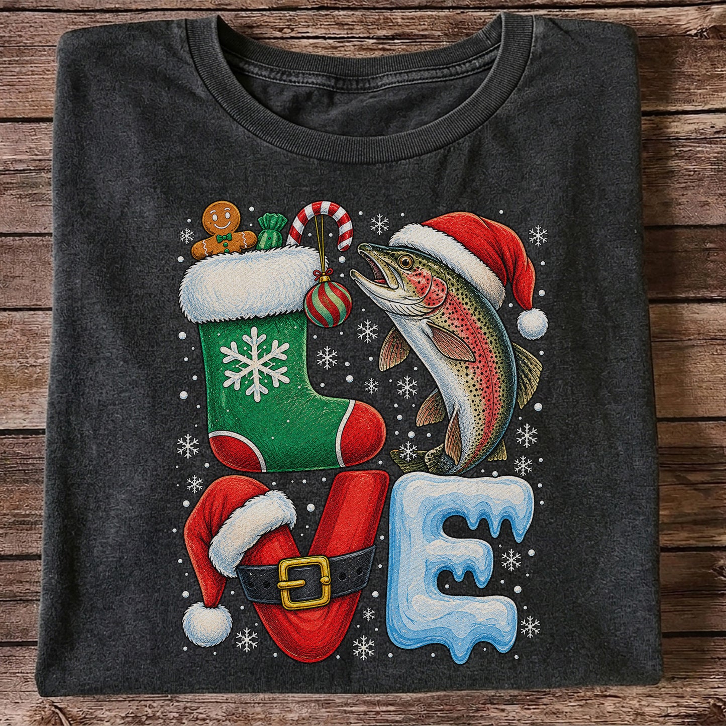 Christmas LOVE Rainbow Trout and Stocking Fishing Graphic T-Shirt