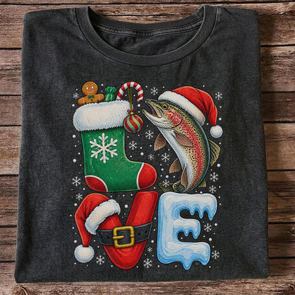 Christmas LOVE Rainbow Trout and Stocking Fishing Graphic T-Shirt