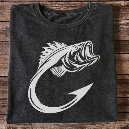 Bass Fish Hook Silhouette Fishing Graphic T-Shirt