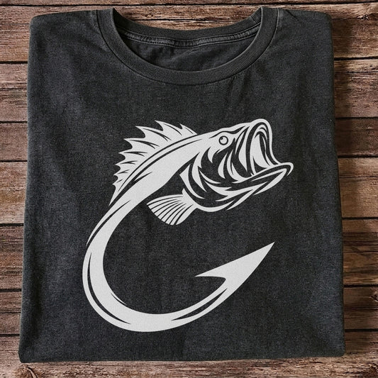 Bass Fish Hook Silhouette Fishing Graphic T-Shirt