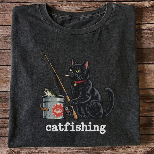 Catfishing Funny Black Cat with Fishing Rod Graphic T-Shirt