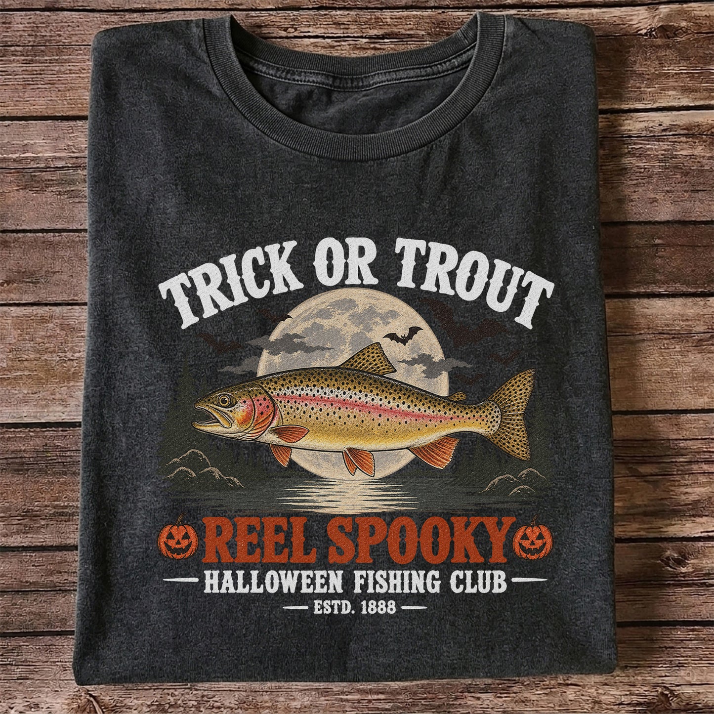 Trick or Trout Reel Spooky Halloween Fishing Club T-Shirt