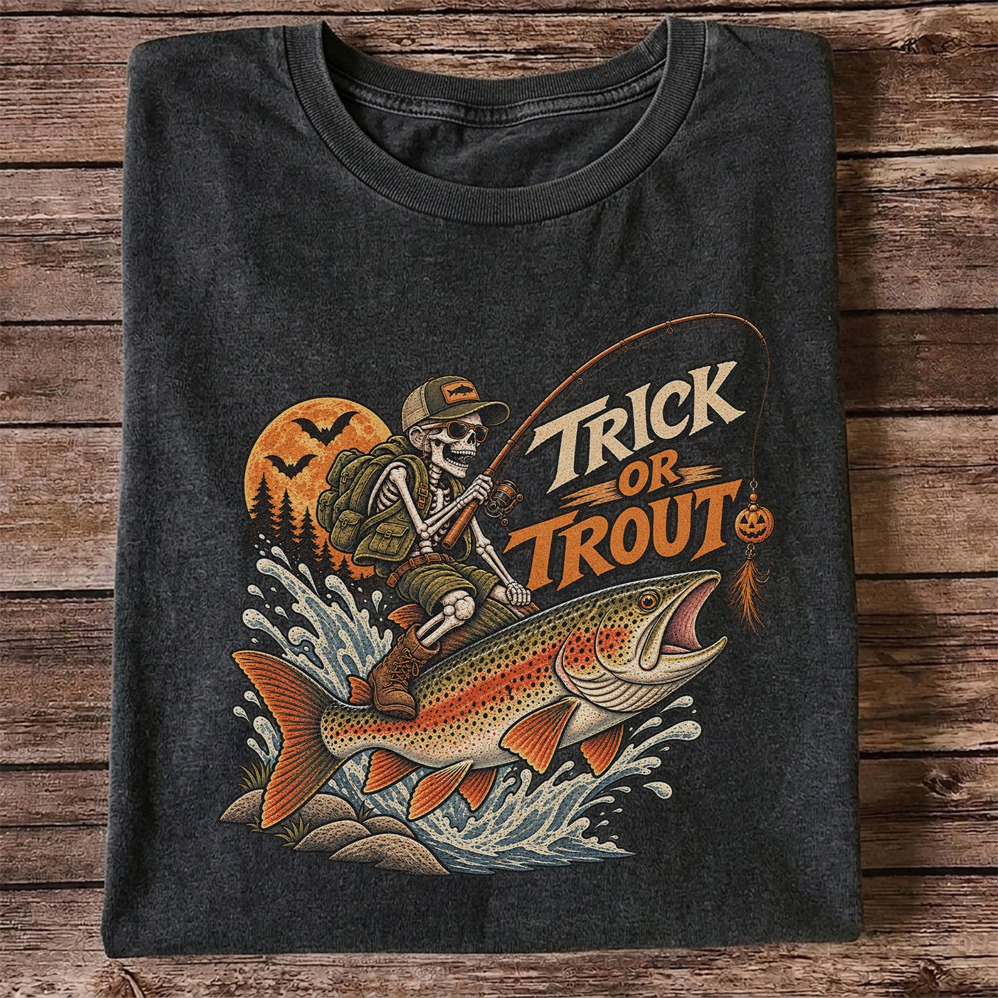 Trick or Trout Halloween Skeleton Angler Fishing T-Shirt