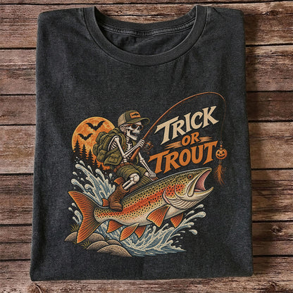 Trick or Trout Halloween Skeleton Angler Fishing T-Shirt