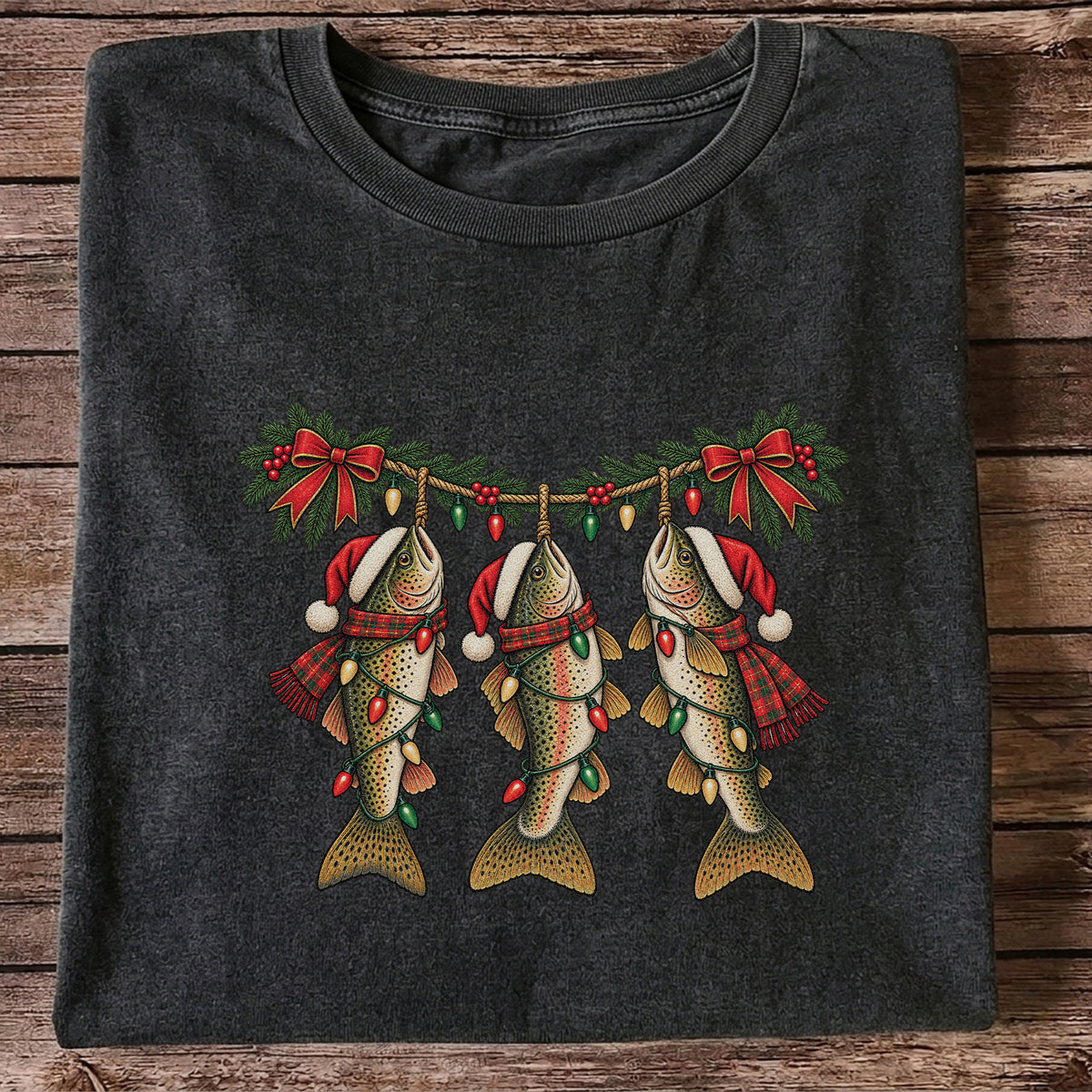 Festive Trout String Lights Christmas Fishing T-Shirt