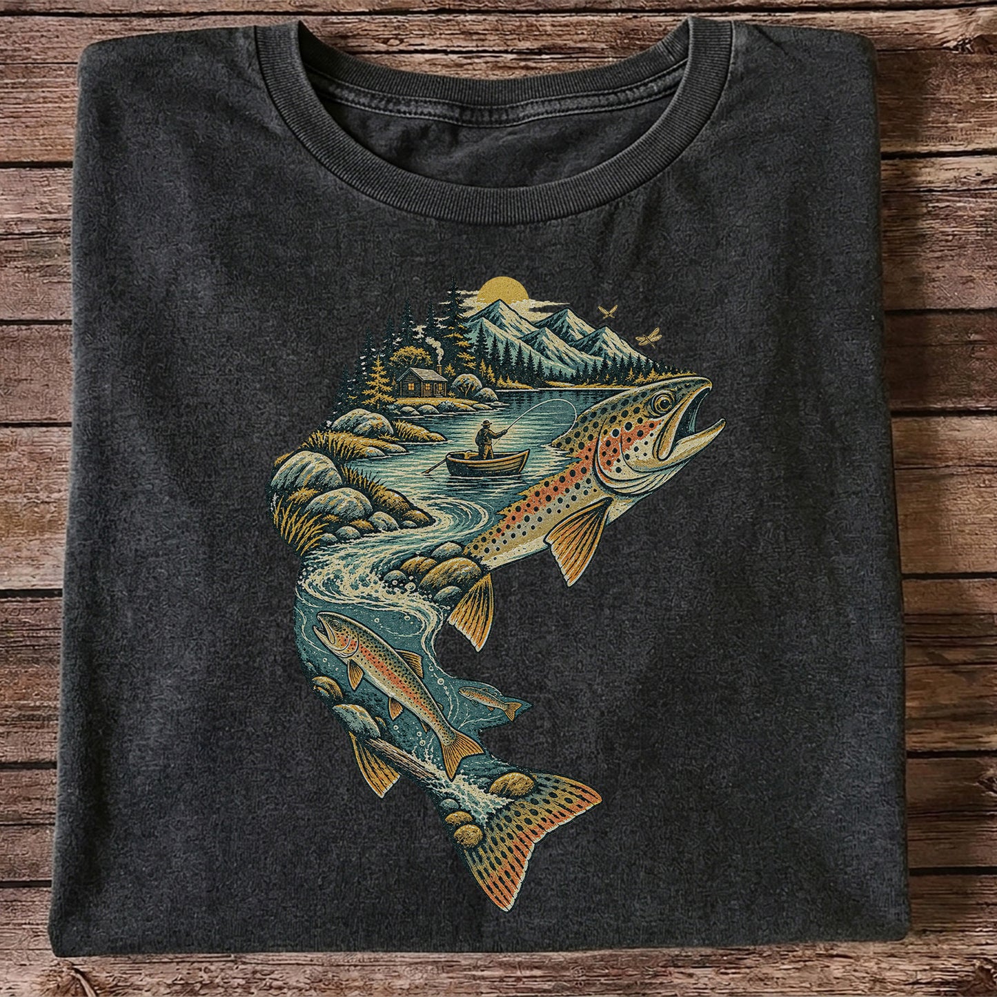 Vintage Brown Trout Mountain River Fly Fishing Graphic T-Shirt