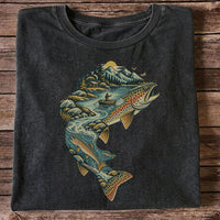 Vintage Brown Trout Mountain River Fly Fishing Graphic T-Shirt
