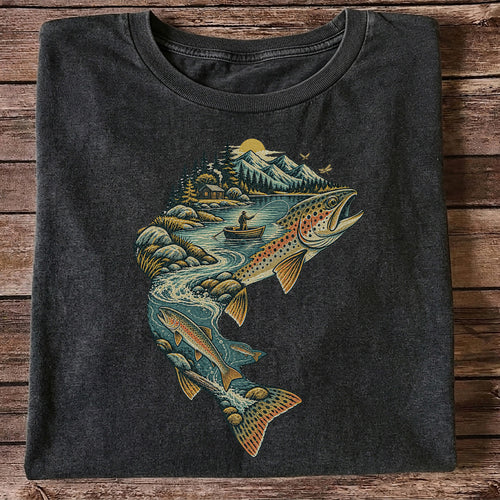 Vintage Brown Trout Mountain River Fly Fishing Graphic T-Shirt