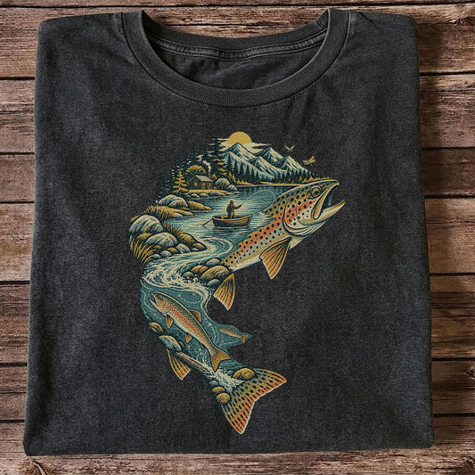 Vintage Brown Trout Mountain River Fly Fishing Graphic T-Shirt