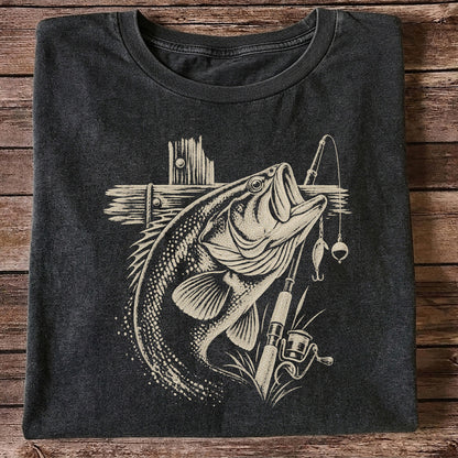 Largemouth Bass Fishing Rod Vintage Graphic T-Shirt