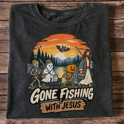 Gone Fishing with Jesus Skeleton Ghost and Pumpkin Halloween Fishing T-Shirt