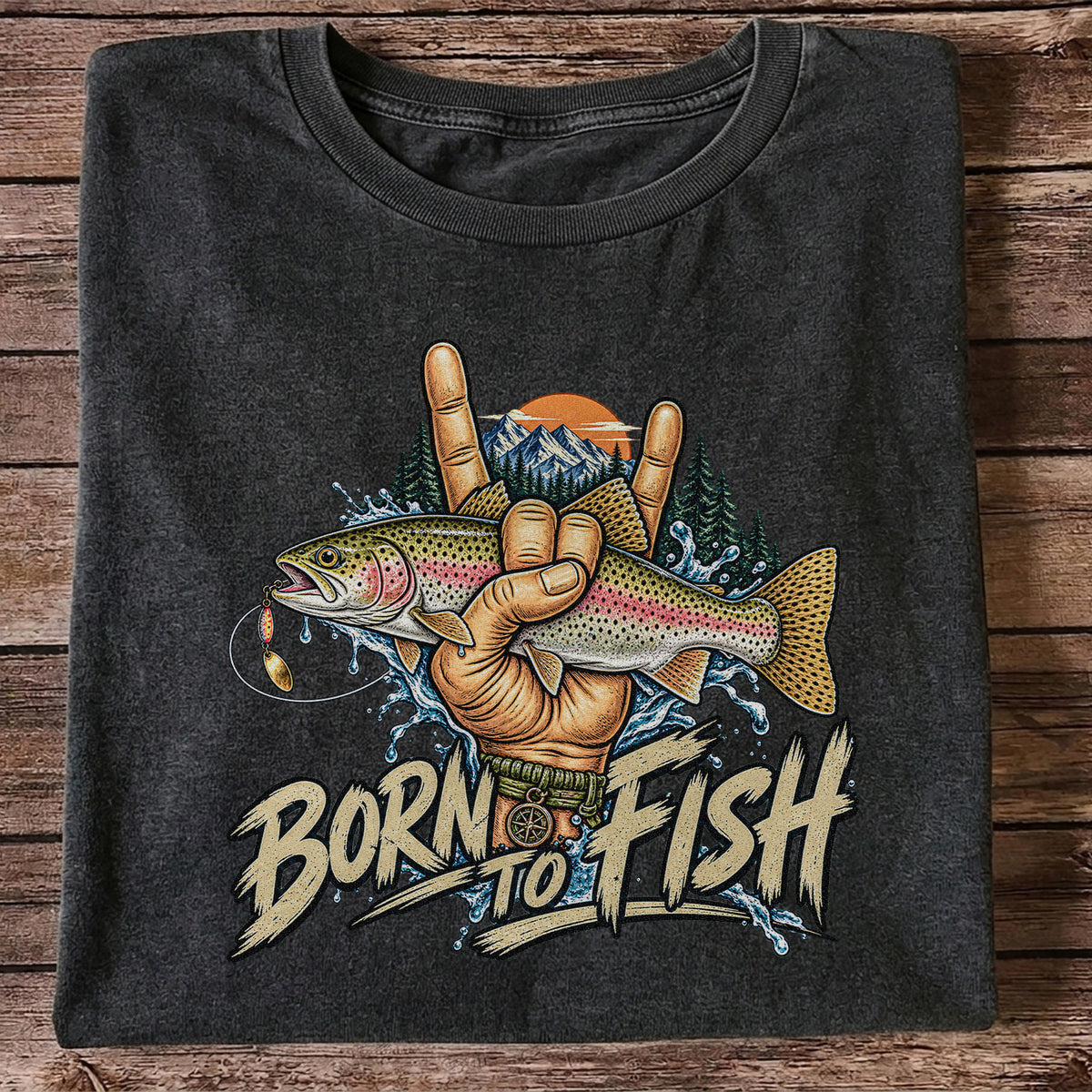 Born to Fish Rainbow Trout Rock Hand Sign Fishing T-Shirt