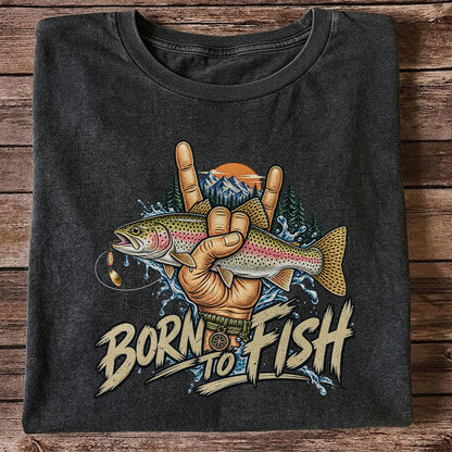 Born to Fish Rainbow Trout Rock Hand Sign Fishing T-Shirt