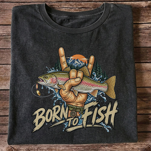 Born to Fish Rainbow Trout Rock Hand Sign Fishing T-Shirt