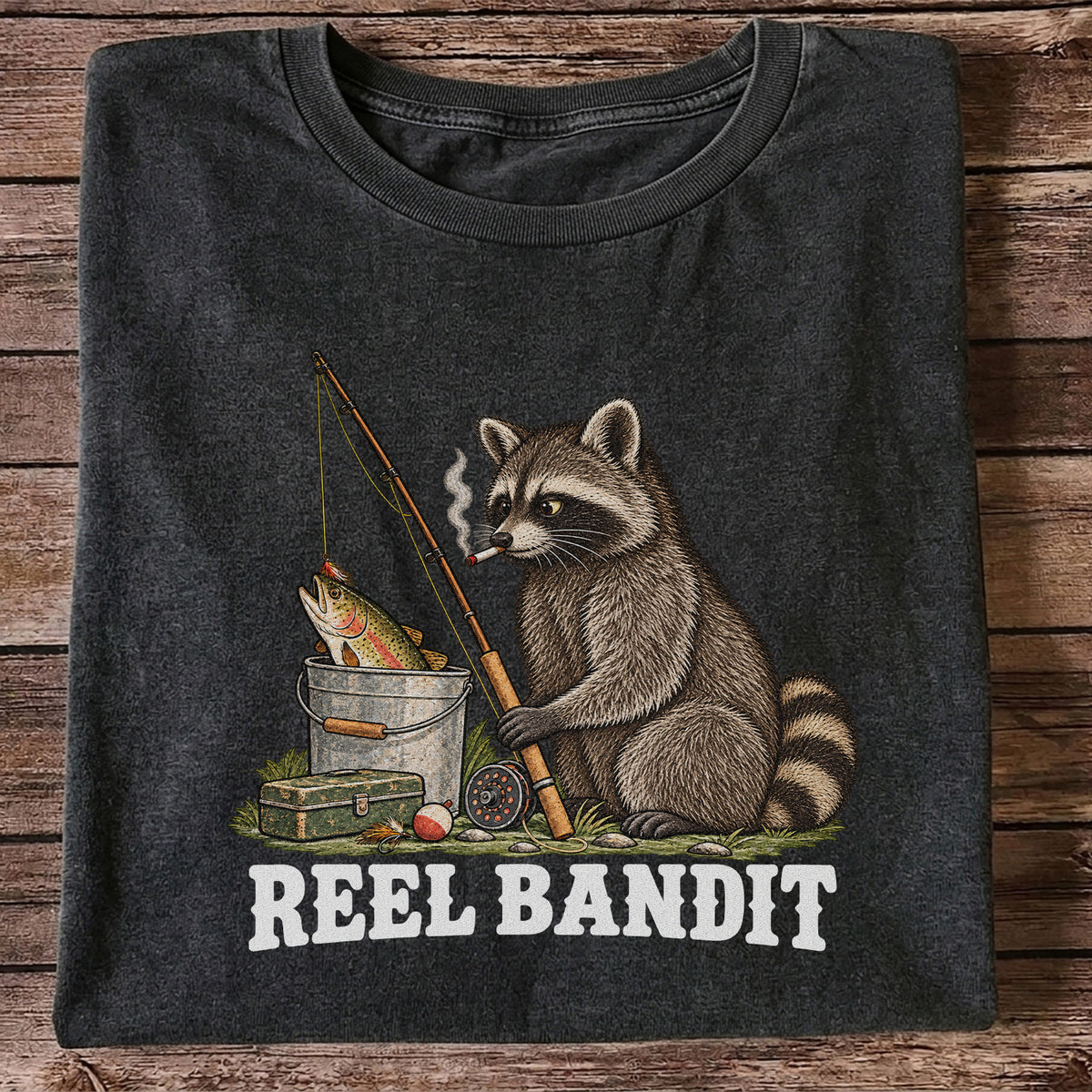Reel Bandit Smoking Raccoon with Fishing Rod Funny T-Shirt