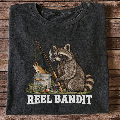 Reel Bandit Smoking Raccoon with Fishing Rod Funny T-Shirt
