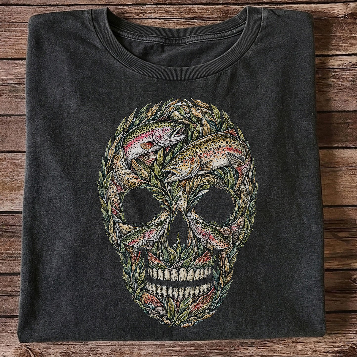 Rainbow and Brown Trout Skull Fishing Graphic T-Shirt