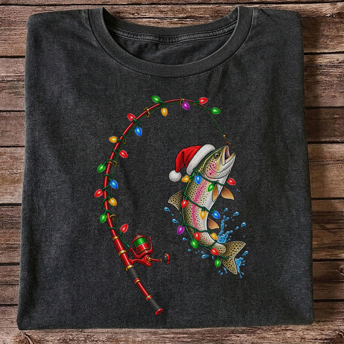 Christmas Rainbow Trout with Santa Hat and Lights Fishing T-Shirt
