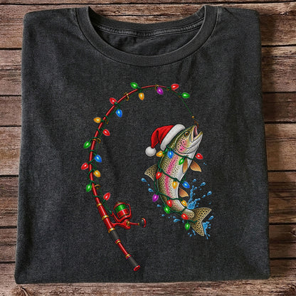 Christmas Rainbow Trout with Santa Hat and Lights Fishing T-Shirt
