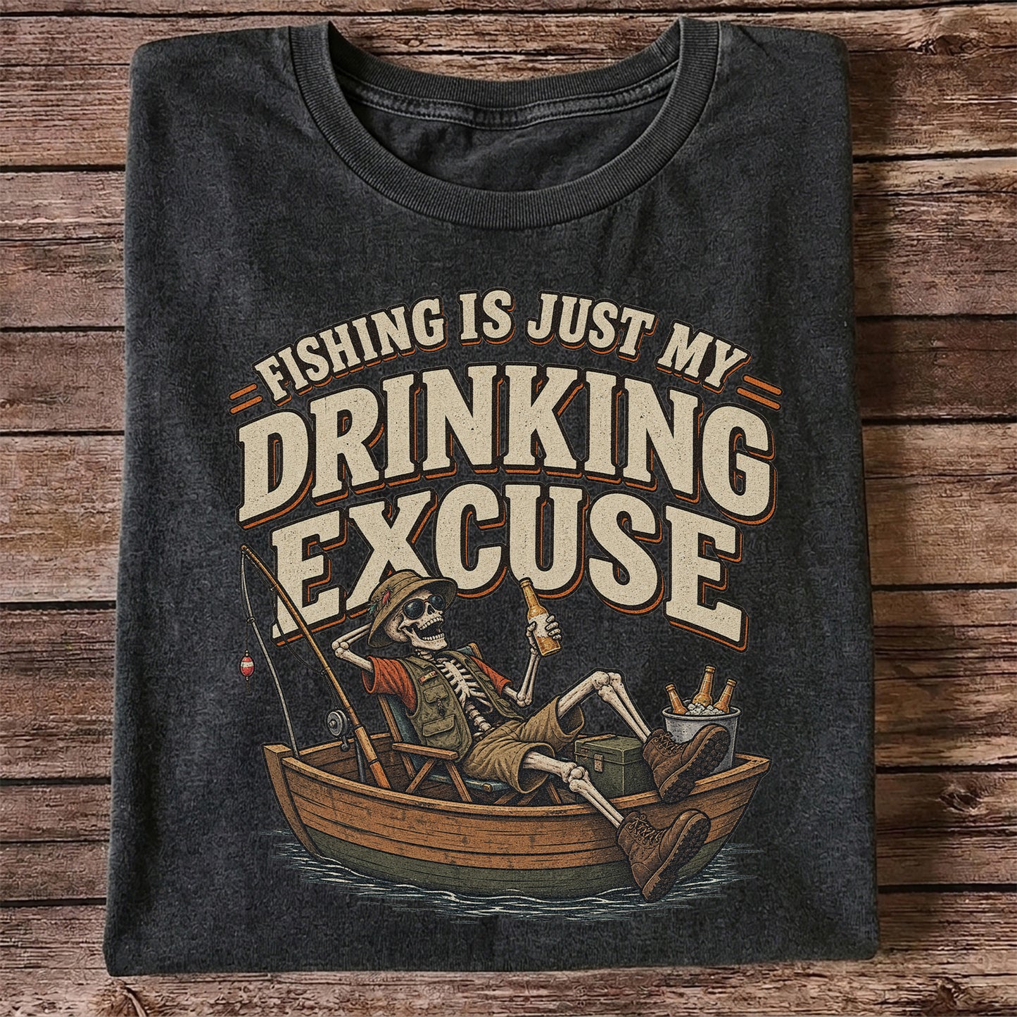 Fishing Is Just My Drinking Excuse Skeleton Angler T-Shirt