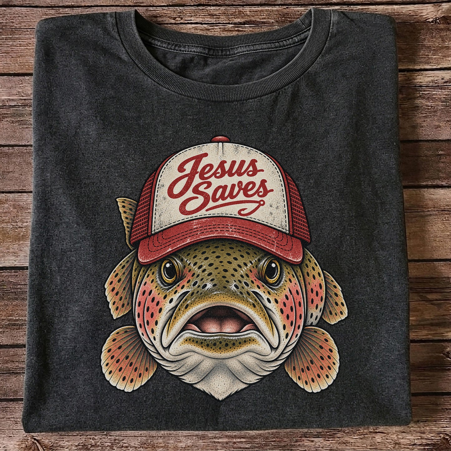 Jesus Saves Rainbow Trout in a Trucker Hat Fishing T-Shirt