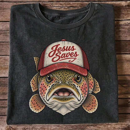 Jesus Saves Rainbow Trout in a Trucker Hat Fishing T-Shirt