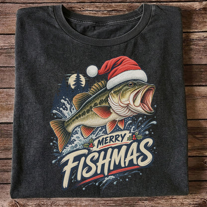 Merry Fishmas Santa Hat Largemouth Bass Fishing T-Shirt