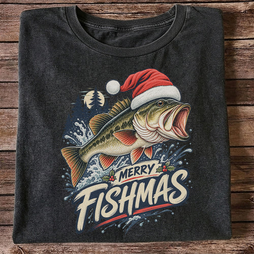 Merry Fishmas Santa Hat Largemouth Bass Fishing T-Shirt