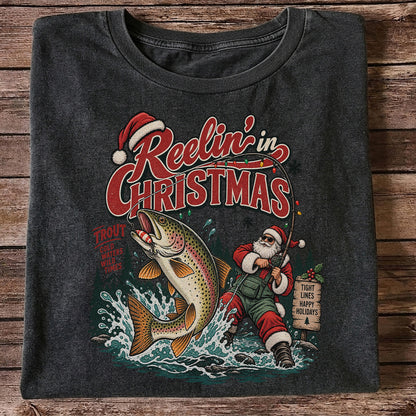 Reelin' in Christmas Santa and Rainbow Trout Fishing T-Shirt