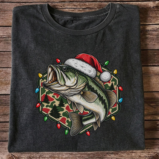 Santa Hat Largemouth Bass Christmas Fishing Graphic T-Shirt