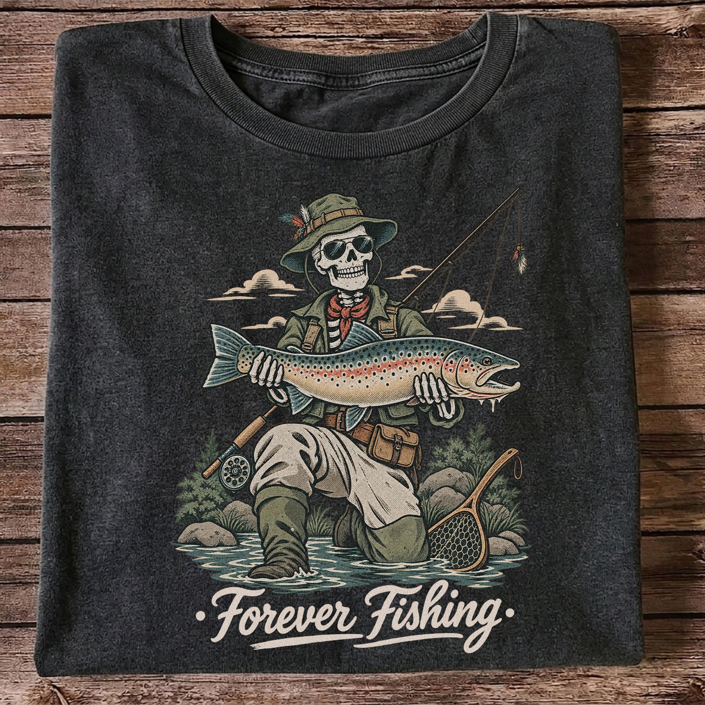 Forever Fishing Skeleton Angler with Rainbow Trout Graphic T-Shirt