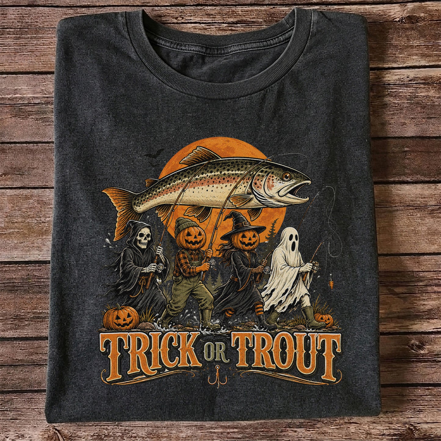 Trick or Trout Halloween Fishing T-Shirt, Vintage Trout Angler Tee