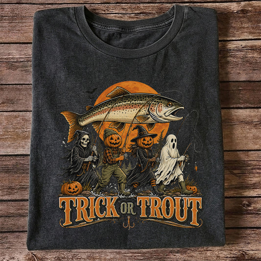 Trick or Trout Halloween Fishing T-Shirt, Vintage Trout Angler Tee